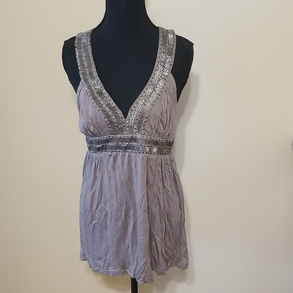 Daytrip Tops - Daytrip Y2K Vintage Silver Embellished V-Neck Rayon Babydoll Sequin Top Medium